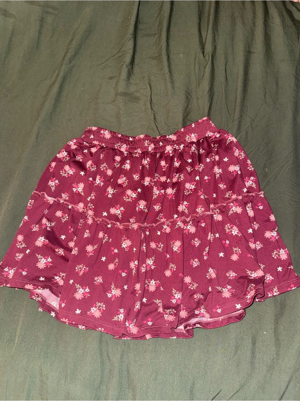 Beautees Burgundy Floral Tiered Skirt